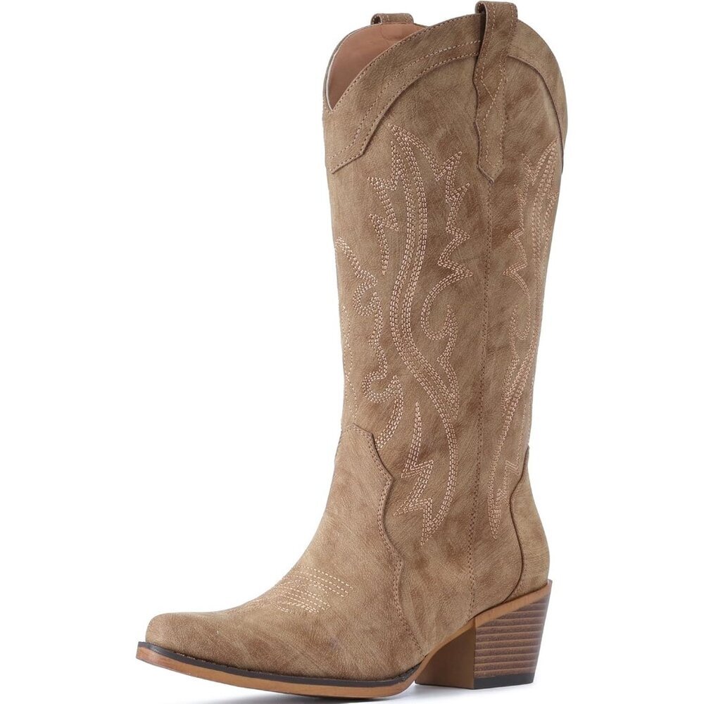 🆕Women Camel Faux Leather Western Cowgirl Chunky Heel Mid Calf Snip Toe Boots - Picture 6 of 10